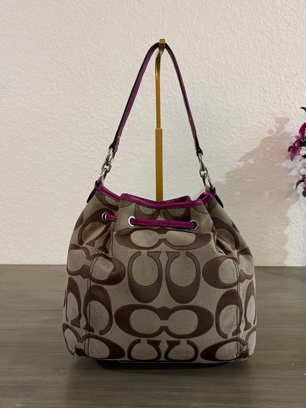 Coach #F25675 Daisy Outline Signature Monogram Drawstring Khaki Raspberry Pink